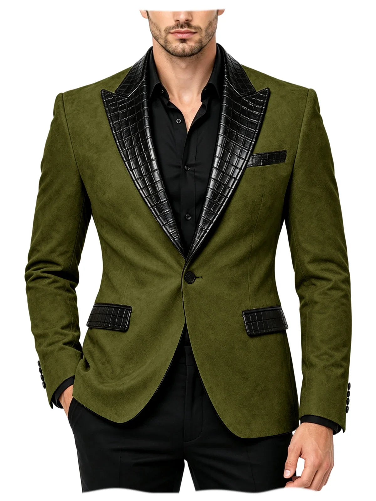 Men's Suede Slim Fit Blazer Jacket Crocodile Pattern Lapel Design Suit Coat Formal Business Prom Wedding Party Tuxedo Outerwear
