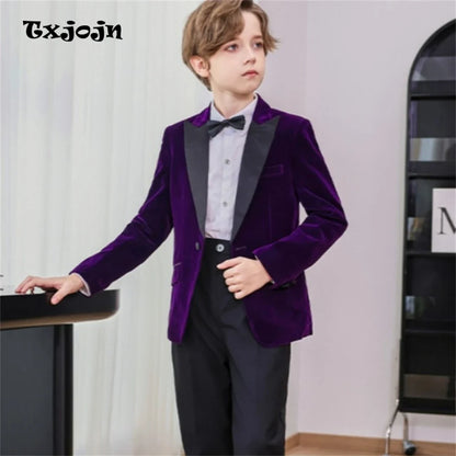 50+ Colors Velvet Suit Blazer for Kids 3-18 Years Children Formal Flannel Suit jacketm Classic Peak Lapel Suit School Uniform