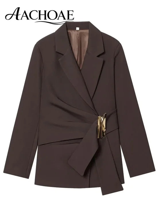 Women Asymmetric Buckle Blazer Elegant Wrap Suit Jacket Slim Waist Tailored Office Lady Workwear Fashion Blazer Coat