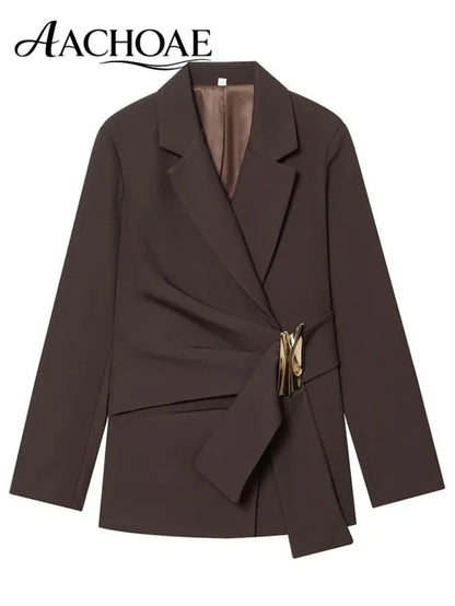 Women Asymmetric Buckle Blazer Elegant Wrap Suit Jacket Slim Waist Tailored Office Lady Workwear Fashion Blazer Coat