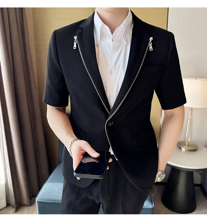 2023 Summer Zipper Decoration Blazers Men Casual Business Suit Jacket Slim Fit 3/4 Sleeve Streetwear Social Jacket Men Clothing