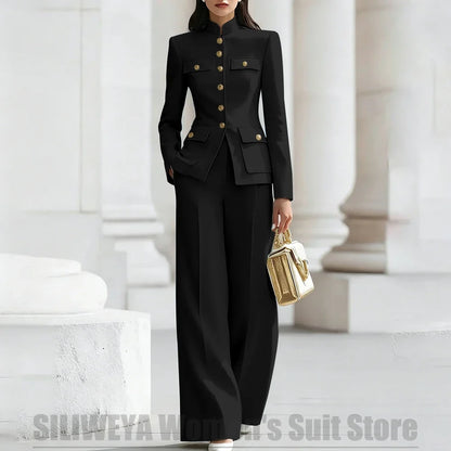 Women's Ivory Suit Mandarin Collar 2 Piece Military Style Gold Buttons Blazer Wide Leg Pants Wedding Party Prom Lady Suits