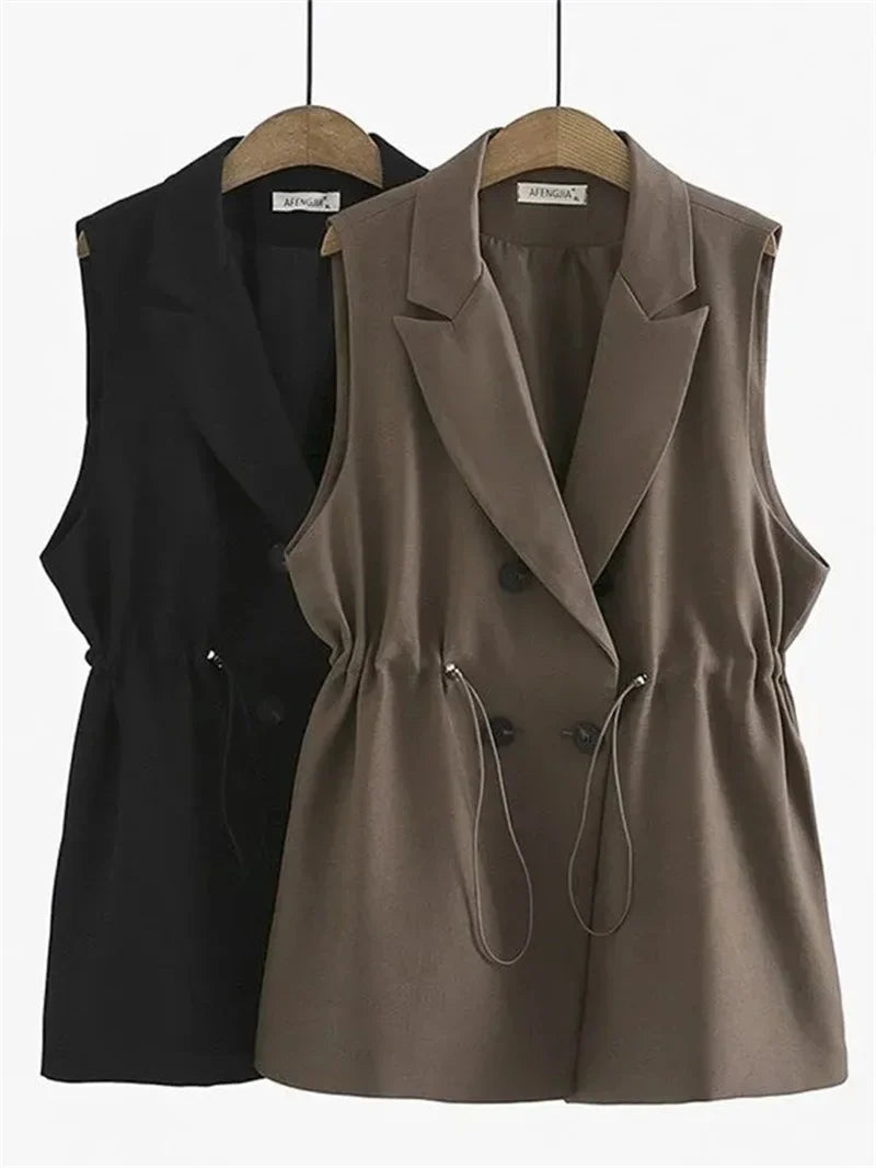 Women Sleeveless Casual Blazer Fashion Vests Korean Style 2026 Elegant Peak Lapel Suit Coats Oversize OL Black Vests