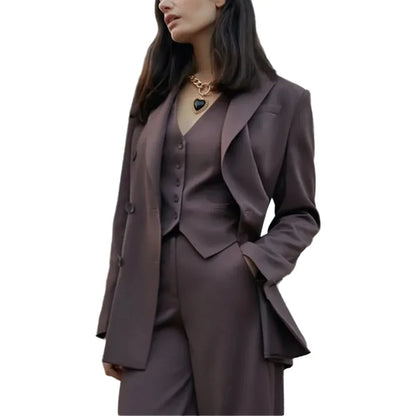 Professional Women's Suit Solid Color 3 Piece Peak Lapel Double Breasted High Quality Daily Office Elegant Lady Formal Set