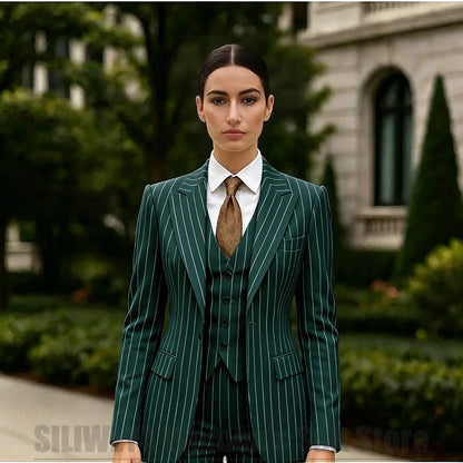 White Striped Women Suit 3 Piece Chic Peak Lapel One Button Blazer Vest Pants Formal Office Business Wedding Party Wear