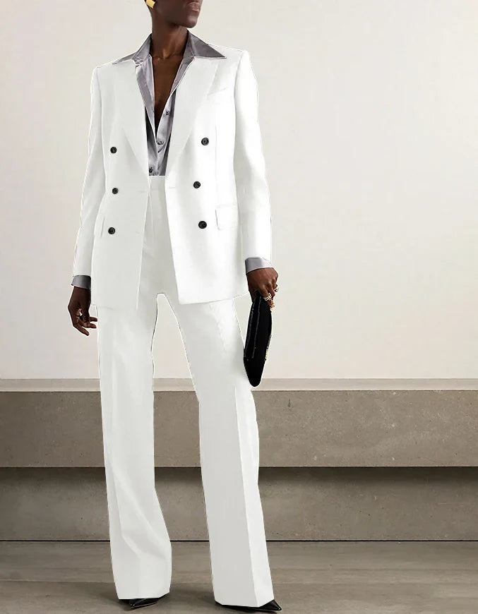 Fashion Grey Double Breasted Women Pants Set High-end Female Two Pieces(Jacket+Trousers)أطقم بناطيل