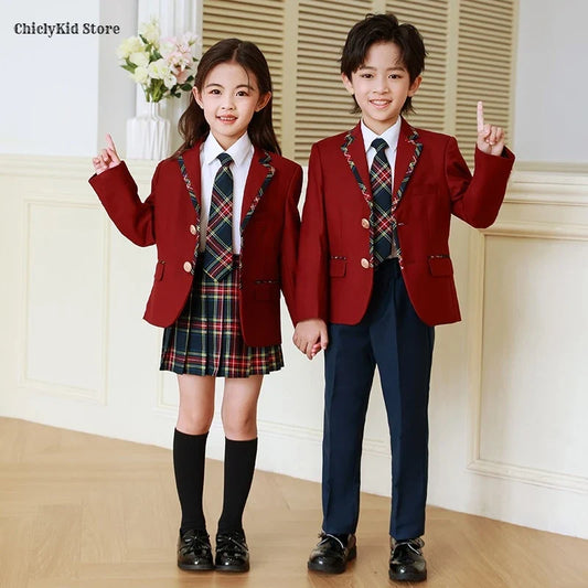 High Quality Kids British School Uniform Girls Korean Jacket Plaid Skirts Boys Blazers Pants Suits Children Student Clothes Sets