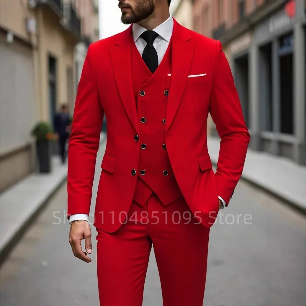 High Quality Men Wedding Suits Fashion Male Business Social Dance Party Dress Peak Lapel Blazers Pants with Vest for Party Prom