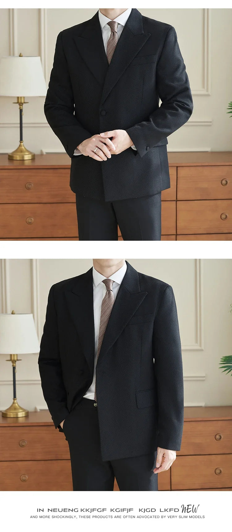 Herringbone Pattern Fabric Suit Jacket Men Autumn Winter Casual Business Dress Coat Wedding Groom Banquet Party Blazer Masculino