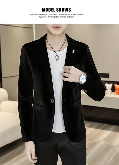 Blazer: An Outdoor Fashion Business Gentleman Wedding Host Slim-fit Casual Korean-style Youthful Men's Golden Velvet Blazer