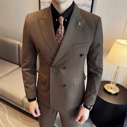 Men's Double Breasted Slim Fit Suit Set – Wedding & Smart Casual – Navy Blue, Brown, Black