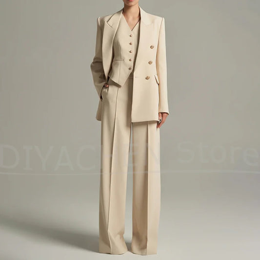 New Women's Three Piece Suit Set Double Breasted Blazer Vest with Pants Office Professional Wear Elegant Daily Casual Suits
