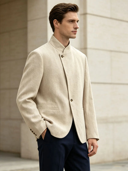  Mandarin Collar Men‘s Blazer Linen Blend Chinese Stand Collar Men Jacket Asymmetric Button Breathable Men Coat Wedding Party