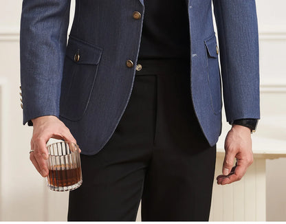 High Quality Men's Denim Style Suit Jacket Vintage Luxury Slim Fit Business Fashion Casual Suit Coat Formal Wedding Tuxedos