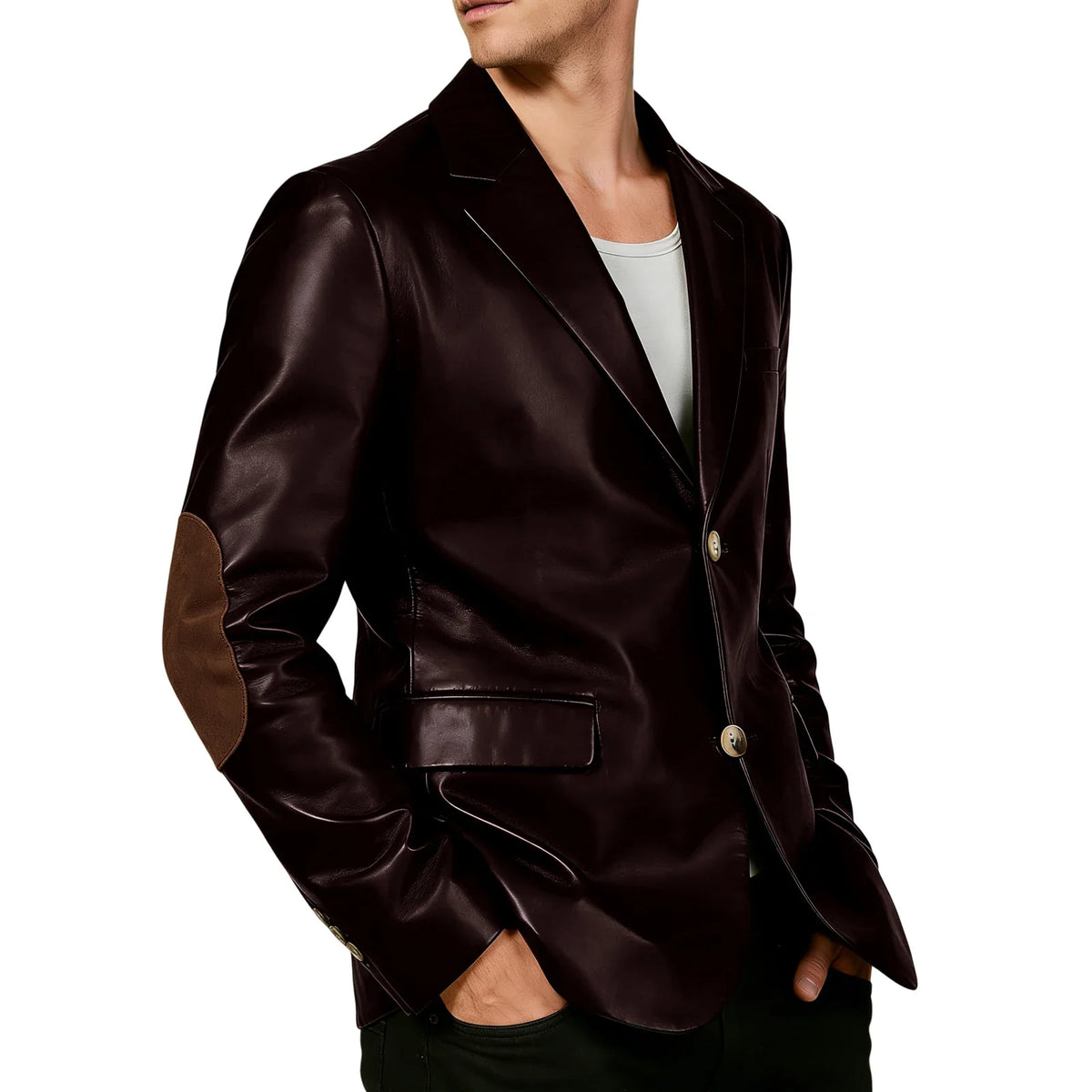 Men's Shiny Leather Blazer with Suede Elbow Patches Slim Fit 2-Button Notch Lapel Suit Jacket Streetwear Casual Party Sport Coat