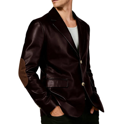 Men's Shiny Leather Blazer with Suede Elbow Patches Slim Fit 2-Button Notch Lapel Suit Jacket Streetwear Casual Party Sport Coat