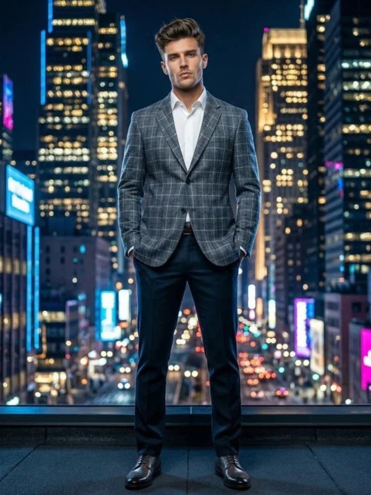 Mens Plaid Wool Blend Blazer Slim Fit Business Formal Suit Jacket Versatile Check Pattern Outerwear