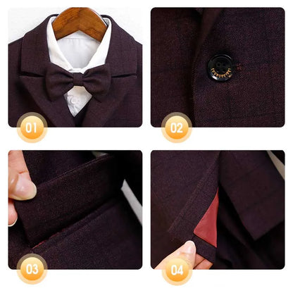 Children Navy Blue Spring 4Piece/Set Jacket Vest Pants Bowtie Piano Dress Kids Ceremony Photograph Suit Boys Performance Costume