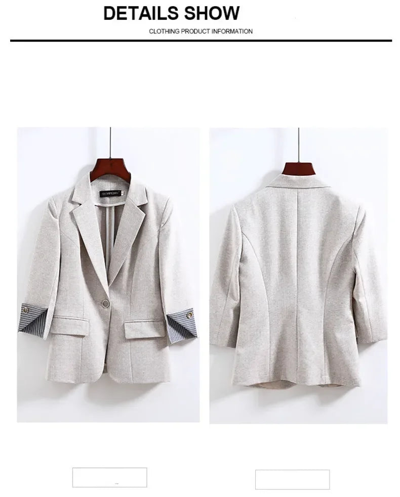 New Autumn Office Lady Solid Color Three Quarter Sleeve Blazer Women Casual One Button Formal Slim Fit Dress Suit Jacket Women