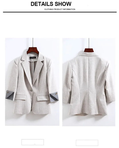 New Autumn Office Lady Solid Color Three Quarter Sleeve Blazer Women Casual One Button Formal Slim Fit Dress Suit Jacket Women