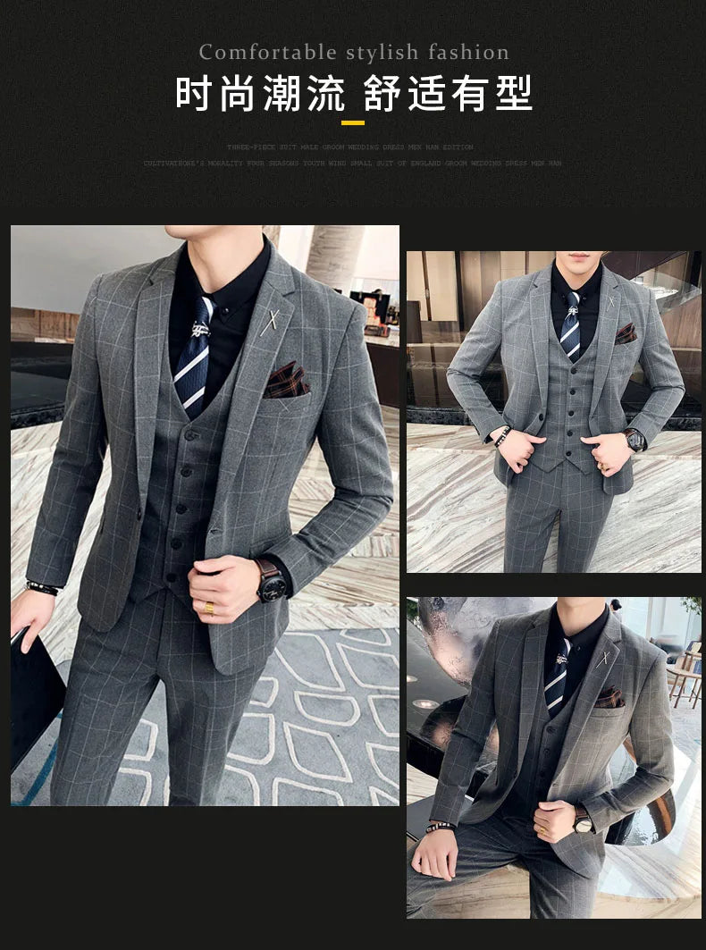 Men's 3-Piece Formal Suit Slim Fit Blazer Vest Pants for Wedding Business Smart Casual