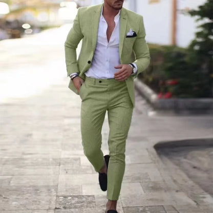 Costume en Lin Homme Robes de Soirée Élégantes Revers Cranté un Bouton Blazer Ajusté Fête de Mariage Plage d'Été Banquet