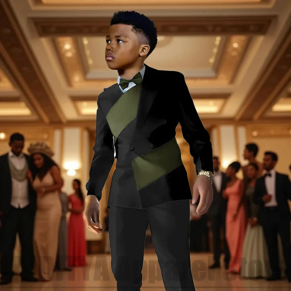 Fashion Contrast Color Children's Suit 2 Piece Double Breasted Outfit Formal Wedding Party Prom Boys Suits (Blazer+Pants)