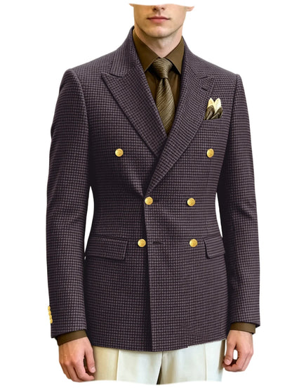 Men's Houndstooth Double Breasted Blazer Vintage Slim Jacket  Fit Formal Business Wedding Party Coat For Men Autumn Winter