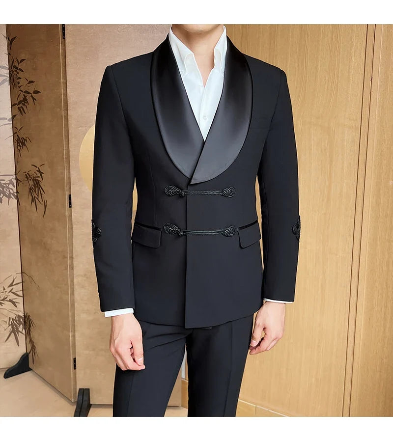 (Jacket+Pants) Vintage Luxury Chinese Style Marriage Suit Fashion High-end Slim Fit Groom Wedding Tuxedo Mens Suit 2 Piece Set