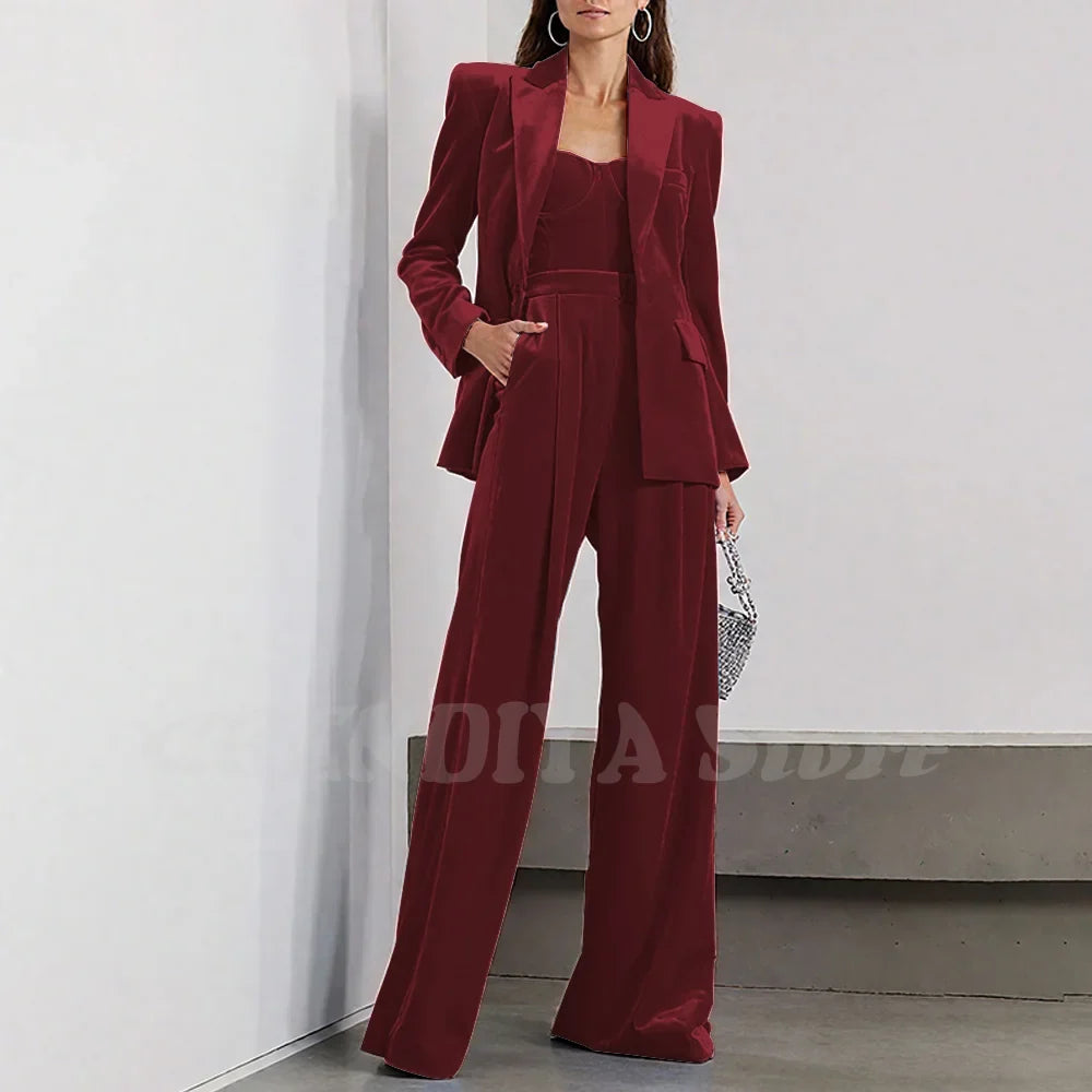 Velvet Women Pants Sets 2 Piece Fashion Peak Lapel Single Breasted Wear Chic Party Casual Office Lady Suits (Blazer+Pants)