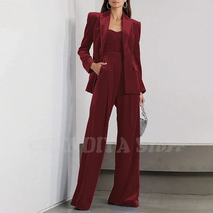Velvet Women Pants Sets 2 Piece Fashion Peak Lapel Single Breasted Wear Chic Party Casual Office Lady Suits (Blazer+Pants)