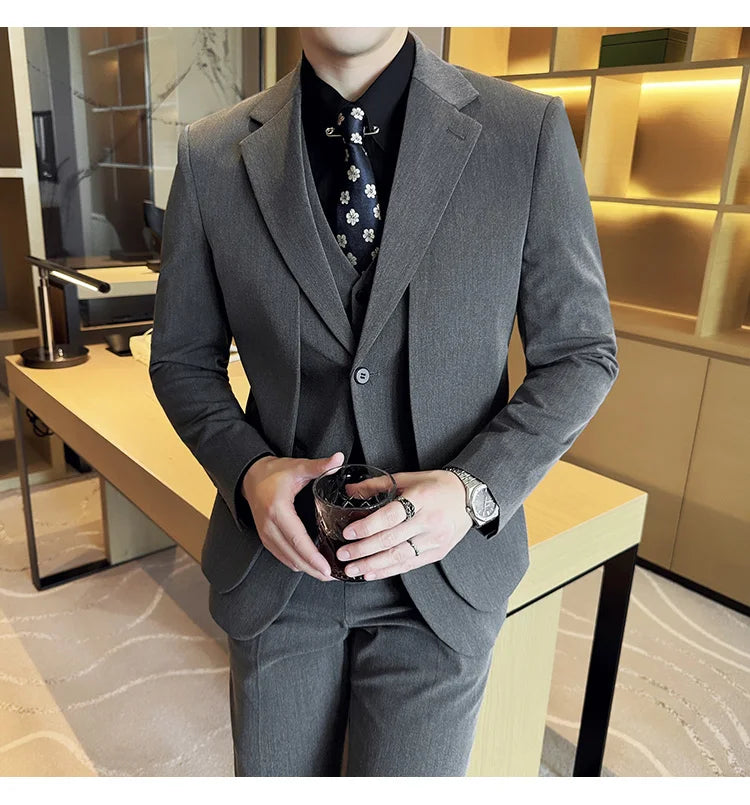 British Style Fake Two-piece Suit Set Men's Wedding Groom Dress 3 Piece Set Suit Vest Trousers Slim Office Business Casual Suits
