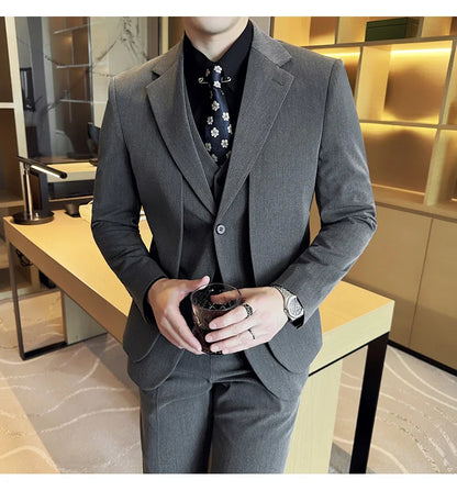 British Style Fake Two-piece Suit Set Men's Wedding Groom Dress 3 Piece Set Suit Vest Trousers Slim Office Business Casual Suits