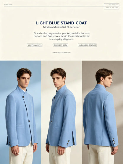  Mandarin Collar Men‘s Blazer Linen Blend Chinese Stand Collar Men Jacket Asymmetric Button Breathable Men Coat Wedding Party