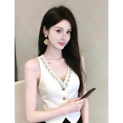 White Suspender Vest For Women Summer New Short Slim Thin Versatile Vest Elegant Beading Cardigan Sleeveless Blazer Waistcoat