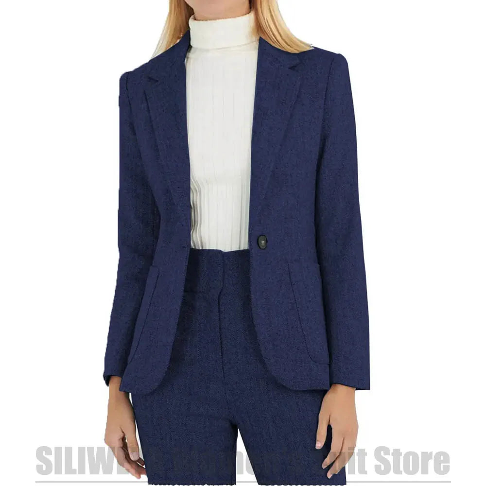 Fashion Herringbone Women's Suit One Button Wool Blend Blazer and Pants Set Formal Office Two Piece Stylish Daily Casual Suits