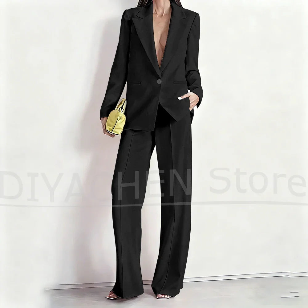 Women's Suit Set Peak Lapel One Button Blazer and Wide-Leg Pants Fashion Formal Casual Party Office Stylish Pants Sets Two Piece