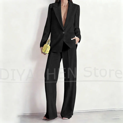 Women's Suit Set Peak Lapel One Button Blazer and Wide-Leg Pants Fashion Formal Casual Party Office Stylish Pants Sets Two Piece