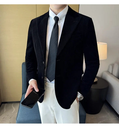 Autumn Winter New Corduroy Striped Suit Jacket Men High Quality Slim Fit Business Social Formal Suit Coats Tailcoat Men Clothing