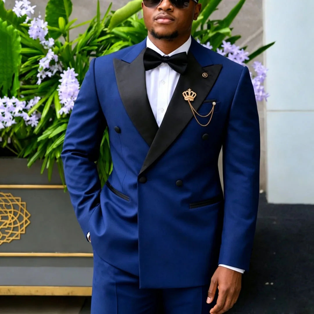 Men Suit Black 2 Piece Double Button With Bright Lapel For Wedding Groom Birthday Party Banquet Business Work Suit Jacket Pants