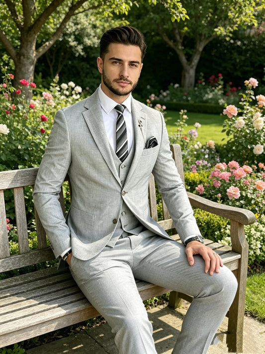 Light Gray 3-Piece Slim Fit Men's Wedding Suits Groom Tuxedo Formal Dress Suit with Blazer Pants Vest for Prom And Other Events
