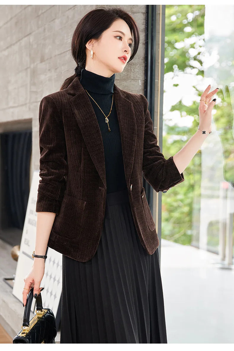 Autumn and Winter Blazer Women's Corduroy New Long Sleeve Professional Blazer Women's Coat Office Female Blazers Jacket Coat