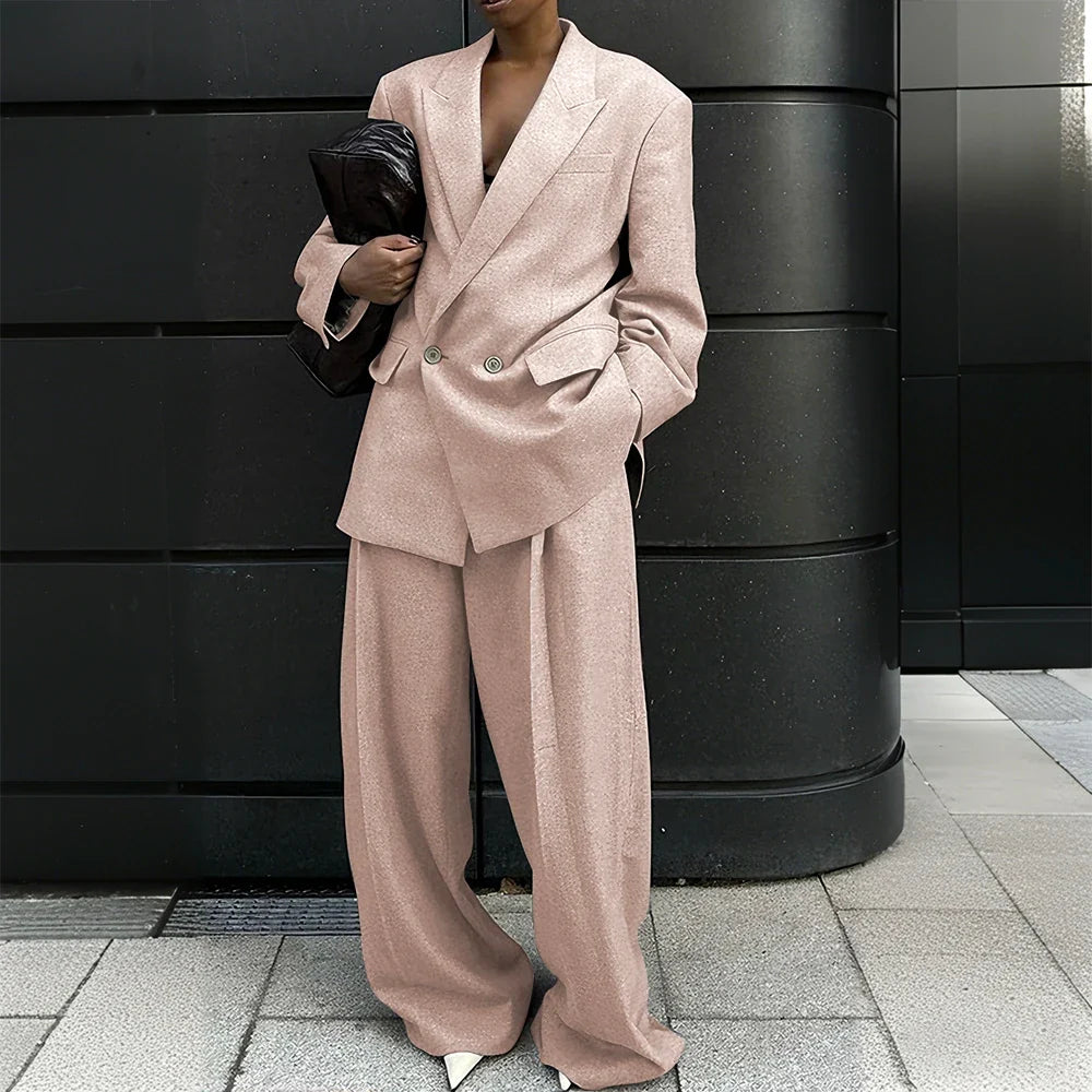 Gray Woolen Office Lady Suit Stretch-comfort Double-breasted Peak-lapel 2Pieces(Jacket+Pants) Casual Oversize Business Women Set