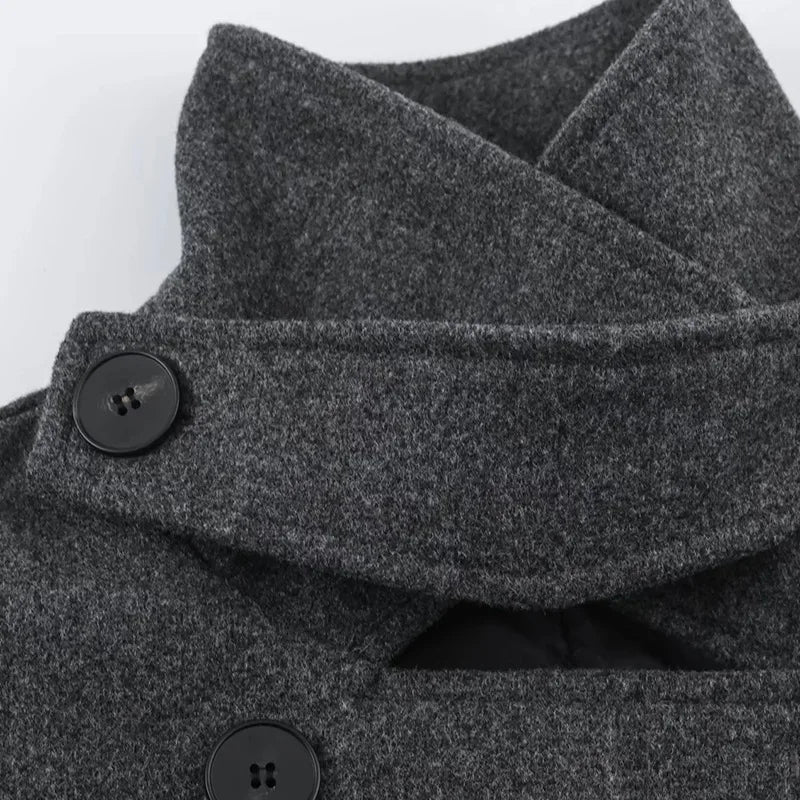 Women Blazer Coat Elegant Chic Dark Style Design Double Breasted Sashes Patchwork Solid Color Loose Woolen Overcoat HK27262
