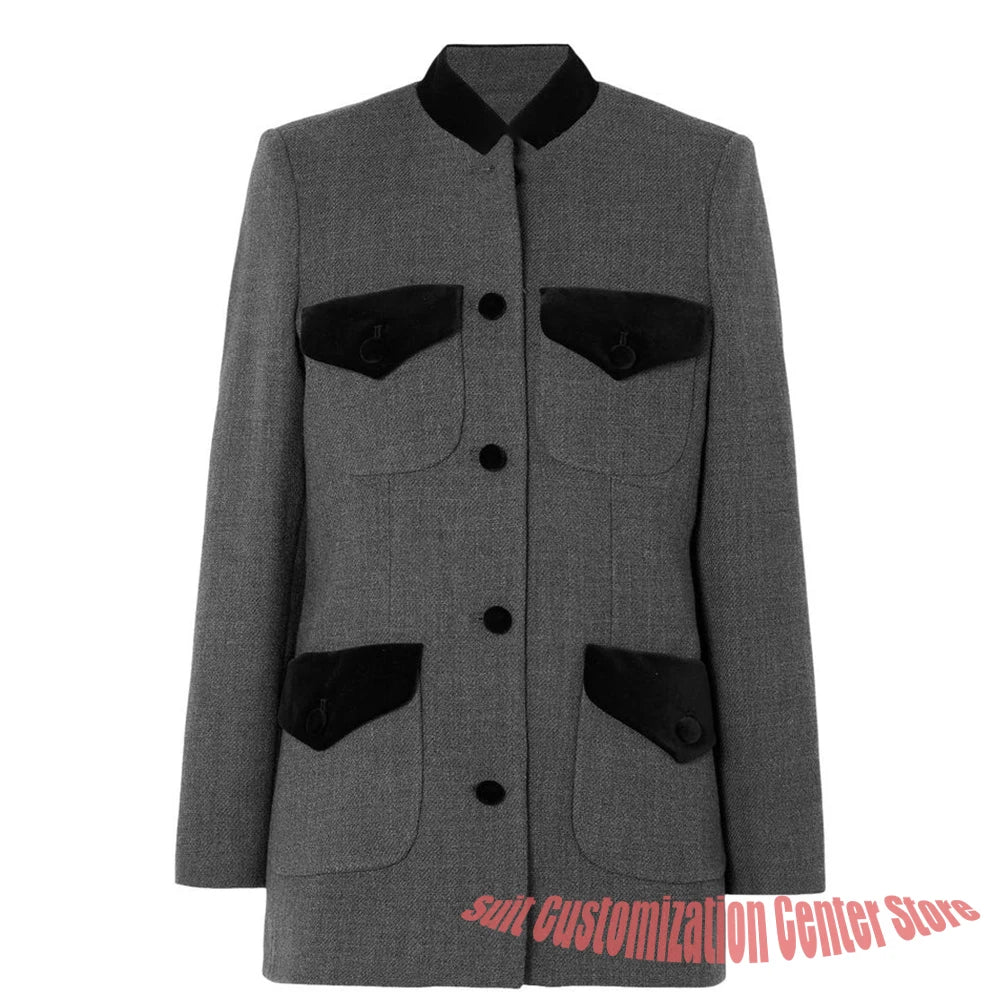Women's Grey Suit Elegant Single-breasted Blazer with Black Velvet Accents Two Piece(Jacket+Pants) Set Chic Office Casual Wear