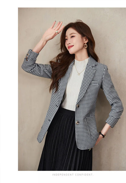 Women Office Ladies Single Breasted Slim Blazer Coat Autumn Winter Fashion Plaid Temperament Long Sleeved Elegant Tops Vacation