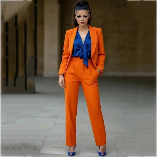 Women Orange 2 Piece Suit Set Notched Lapel Solid Color Formal Office Business Wedding Guest Party Matching Outfit Blazer Set