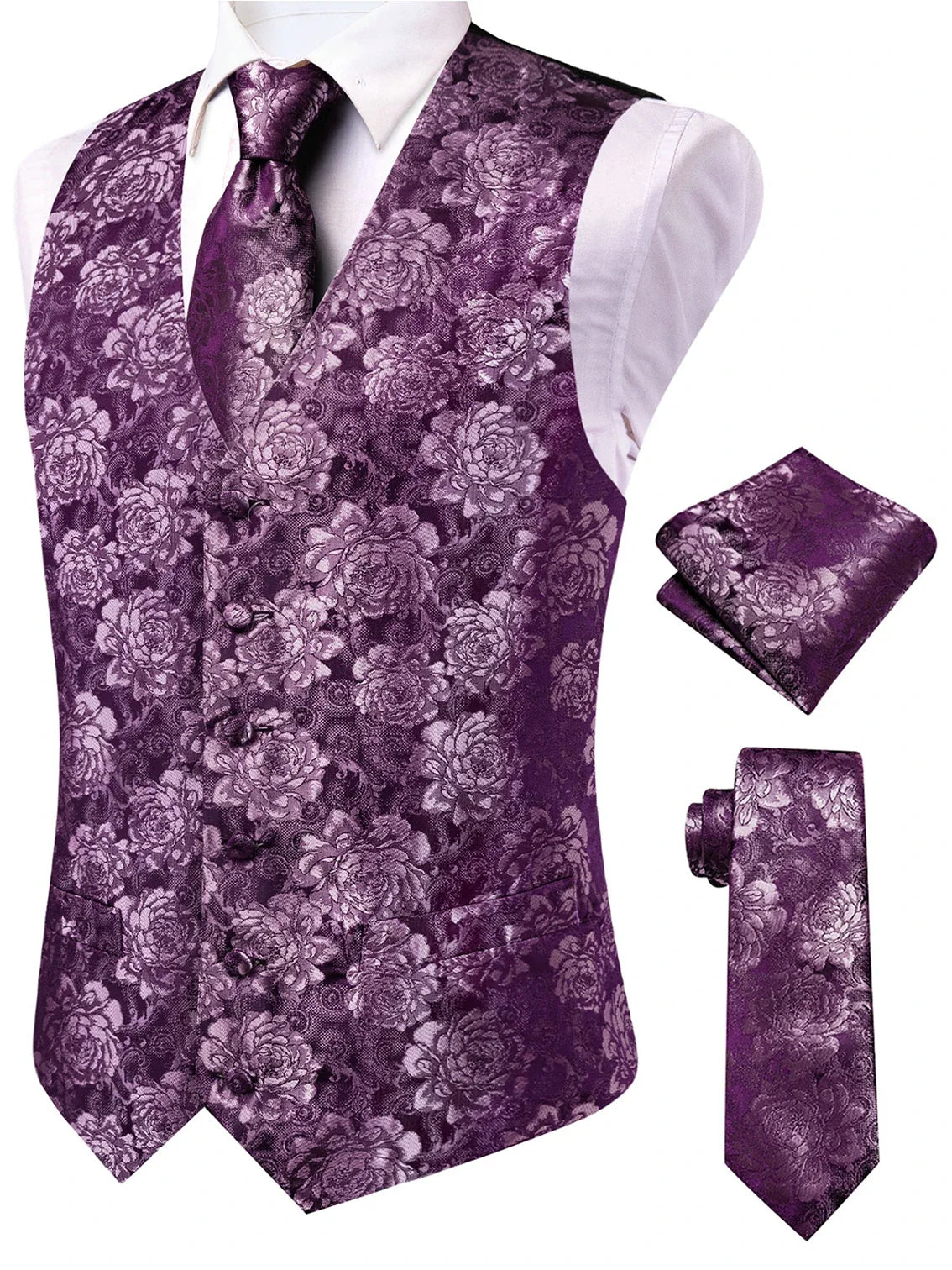 Men's Waistcoat Set Jacquard Floral Black Yellow Formal Wedding Tuxedo