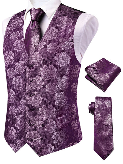 Men's Waistcoat Set Jacquard Floral Black Yellow Formal Wedding Tuxedo