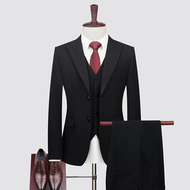 Men's High-End Wool Suit Three-Piece Set Business Casual Fashion Tencel Vest Trousers Bridegroom Wedding Dress